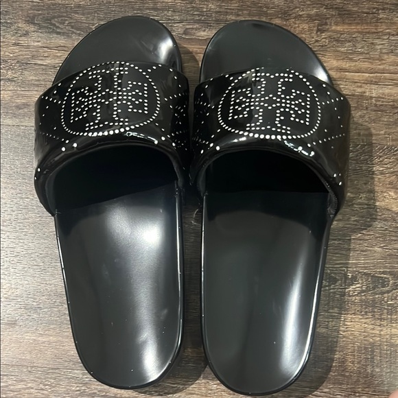 Tory Burch Shoes - Black Slide Sandals with White Studded Design Tory Burch